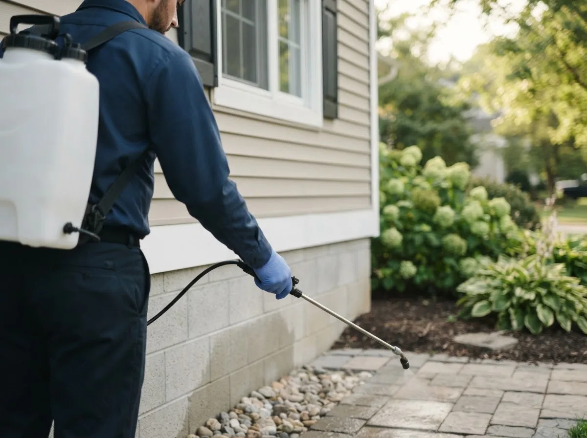 Pest control technician inspecting a home in Three Rivers, MI
